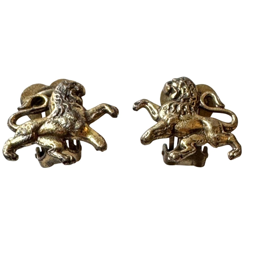 VNTG Brookcraft‎ Walking Lion Clip Statement Earrings Antique Gold Tone Figural